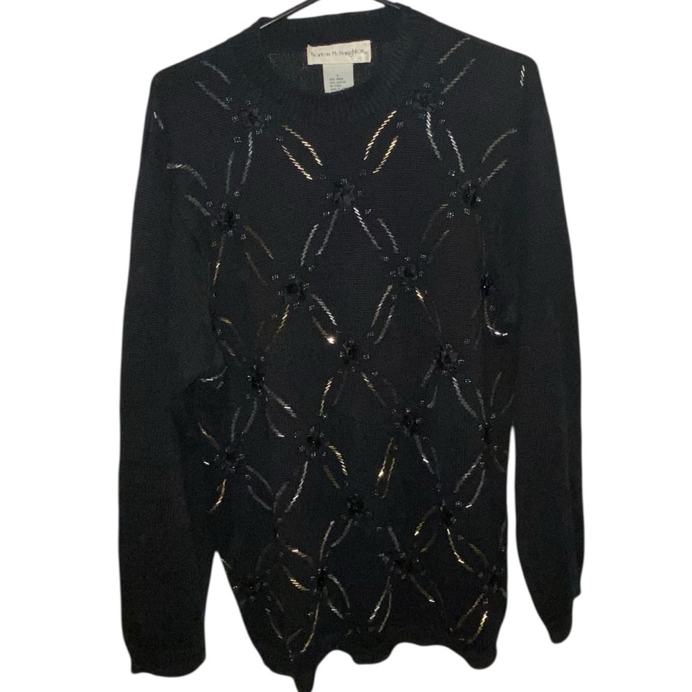 Vintage 80s 90s Norton McNaughton Black Knit beaded Sweater grandmacore